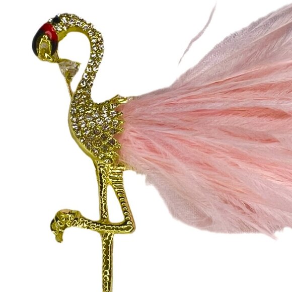 🧷🦩Flamingo Brooch in Gold-Tone Metal with Rhinestones and Pink Feathers! - Picture 2 of 4